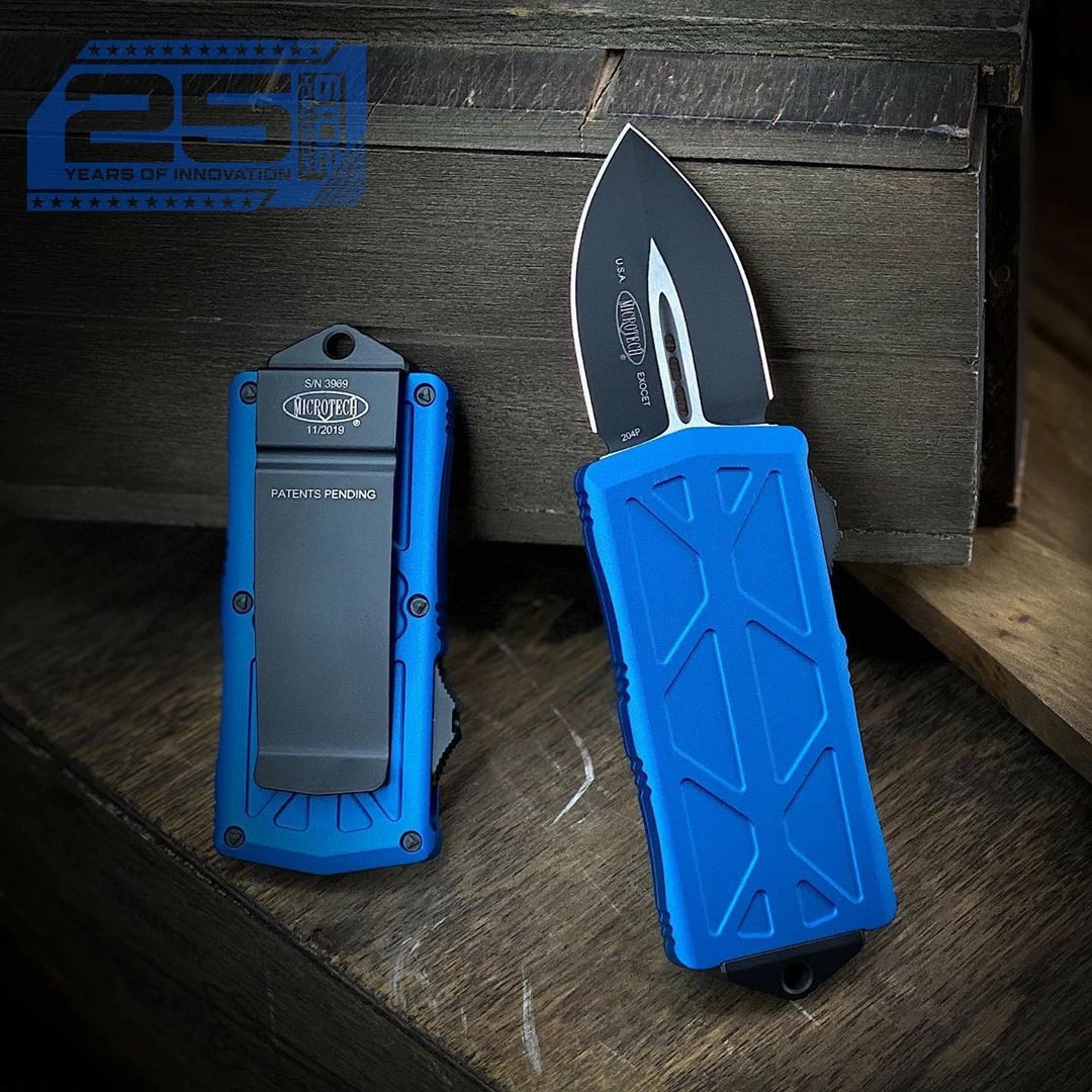 Microtech Blue Exocet OTF Auto Knife, Black Blade - Image 3