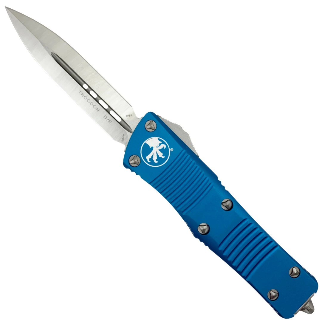 Microtech Blue Troodon Double Edge OTF Knife , Satin Dual Standard Edges, 138-4BL 1 Microtech Blue Troodon Double Edge OTF Knife , Satin Dual Standard Edges, 138-4BL
