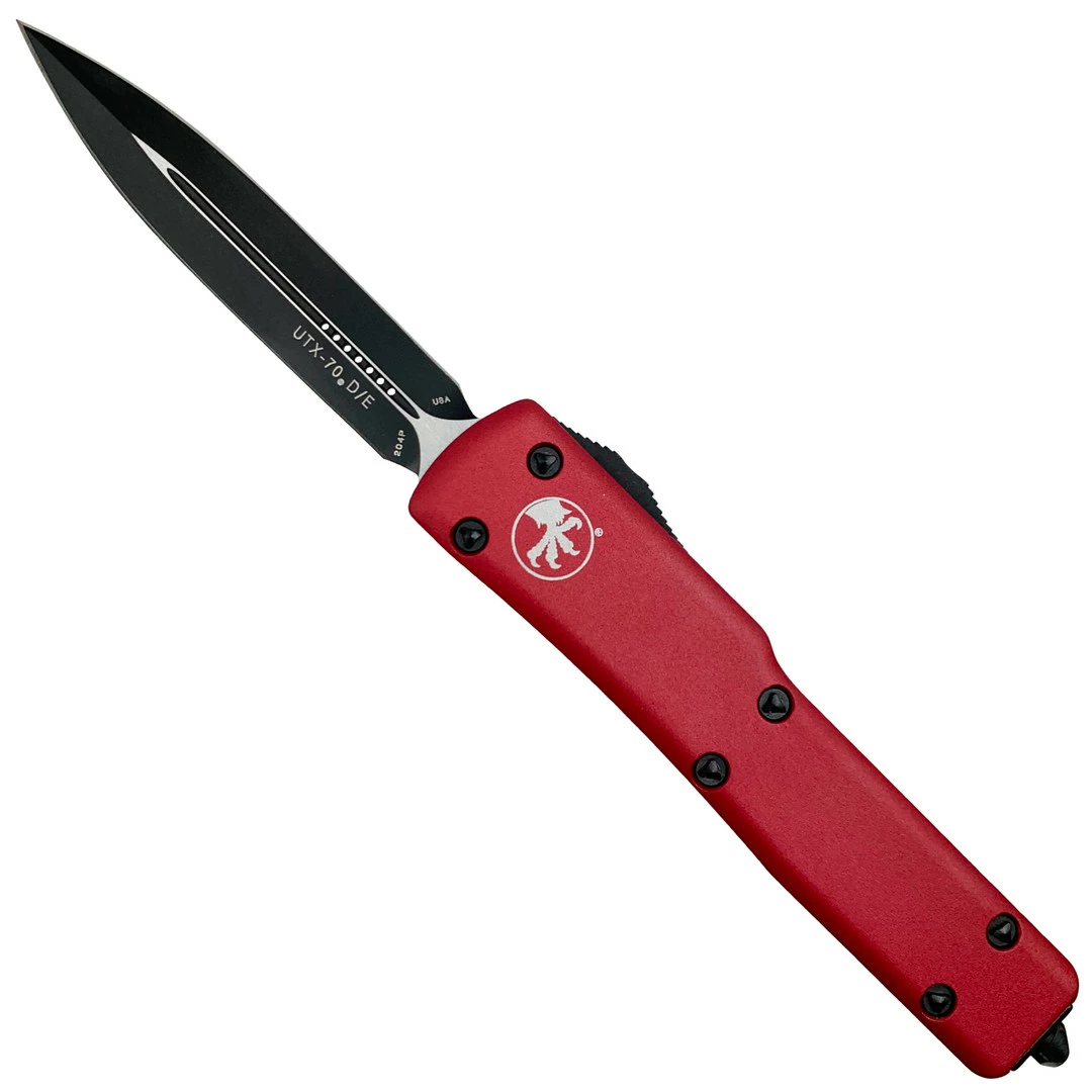 Microtech Red UTX70 OTF Knife, Double Edge Black Plain Blade 1 Microtech Red UTX70 OTF Knife, Double Edge Black Plain Blade