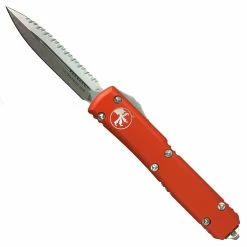 Microtech 122-12OR Orange Contoured Ultratech D/E OTF Auto Knife, Double Edge Serrated Stonewash Blade