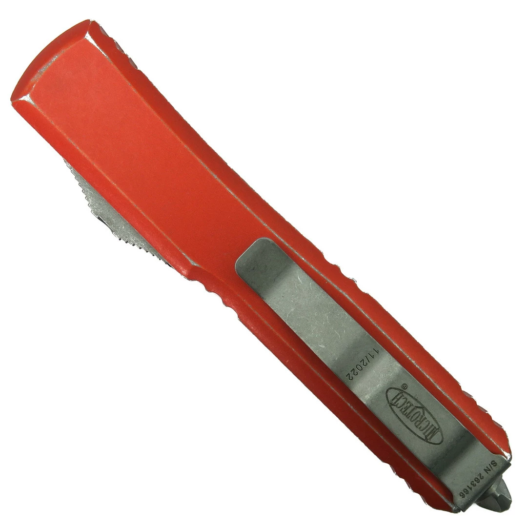 Microtech Distressed Orange Ultratech OTF Auto Knife, Apocalyptic Stonewash Blade 2 Microtech Distressed Orange Ultratech OTF Auto Knife, Apocalyptic Stonewash Blade - Image 2