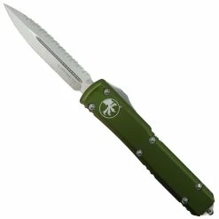 Microtech OD Green Ultratech OTF Knife, Stonewash Full Serrated Dagger Blade