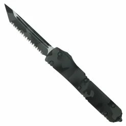 Microtech Signature Series Urban Camo Ultratech OTF Auto Knife, Full Serrated Tanto Blade
