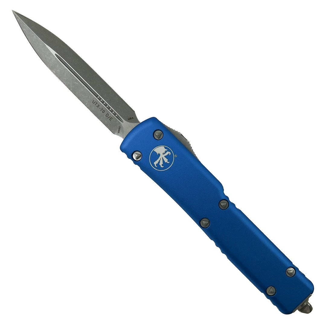 Microtech Blue UTX-70 OTF Auto Knife, Apocalyptic Dagger Blade 1 Microtech Blue UTX-70 OTF Auto Knife, Apocalyptic Dagger Blade