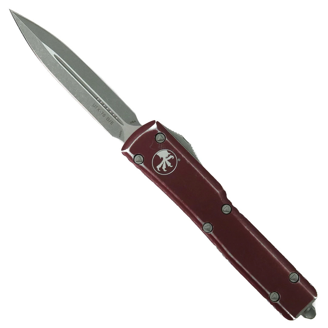Microtech Distressed Merlot UTX-70 OTF Auto Knife, Apocalyptic Blade 1 Microtech Distressed Merlot UTX-70 OTF Auto Knife, Apocalyptic Blade