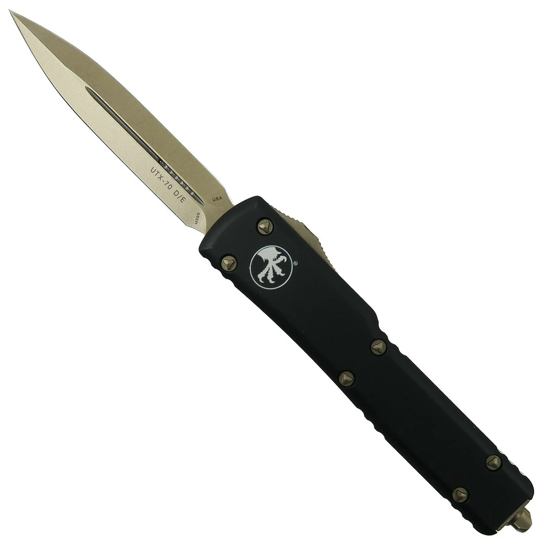 Microtech Black UTX-70 OTF Auto Knife, Bronze Dagger Blade 1 Microtech Black UTX-70 OTF Auto Knife, Bronze Dagger Blade