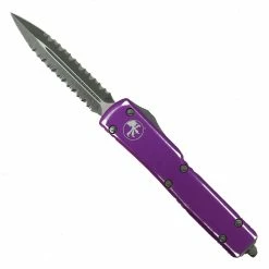Microtech Distressed Violet UTX-70 OTF Auto Knife, Apocalyptic Double Full Serrated