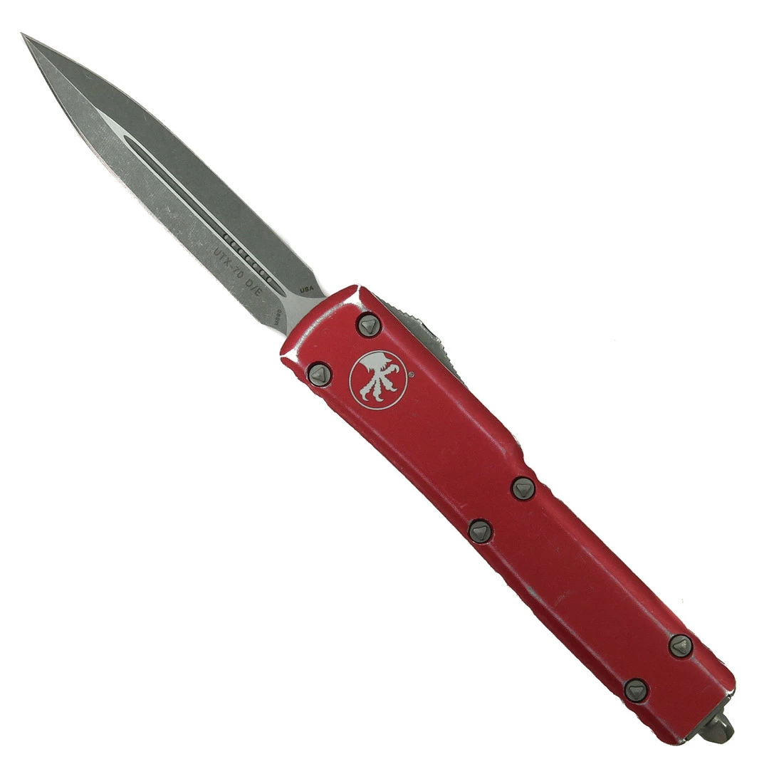 Microtech Distressed Red UTX-70 OTF Auto Knife, Apocalyptic Blade 1 Microtech Distressed Red UTX-70 OTF Auto Knife, Apocalyptic Blade