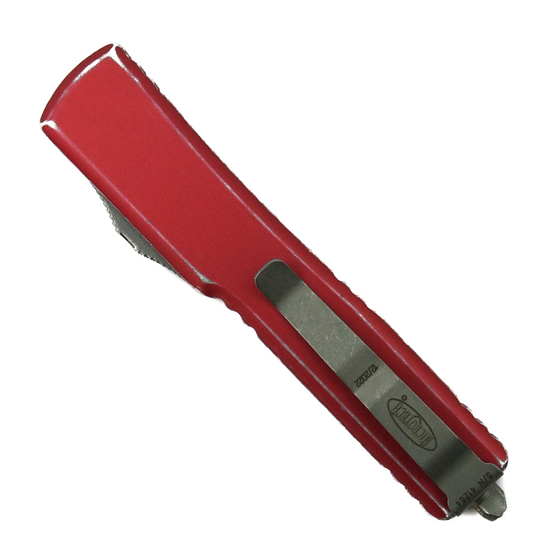 Microtech Distressed Red UTX-70 OTF Auto Knife, Apocalyptic Blade 2 Microtech Distressed Red UTX-70 OTF Auto Knife, Apocalyptic Blade - Image 2