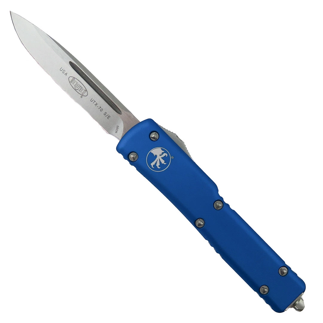 Microtech Blue UTX70 OTF Knife, Stonewash Plain Blade 1 Microtech Blue UTX70 OTF Knife, Stonewash Plain Blade