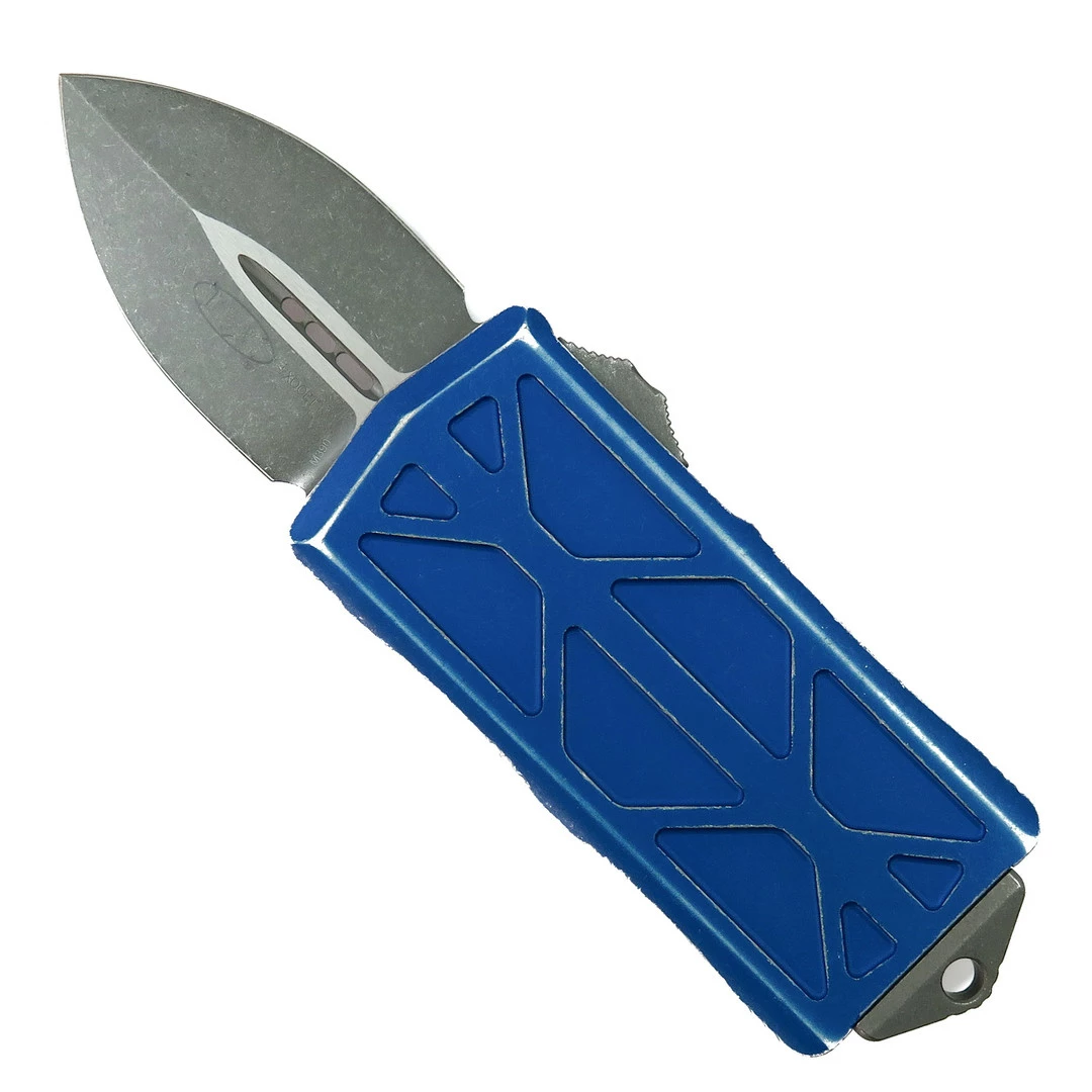 Microtech Distressed Blue Exocet OTF Auto Knife, Apocalyptic Blade 1 Microtech Distressed Blue Exocet OTF Auto Knife, Apocalyptic Blade