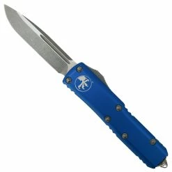 Microtech Blue UTX-85 OTF Auto Knife, Apocalyptic Stonewash Blade