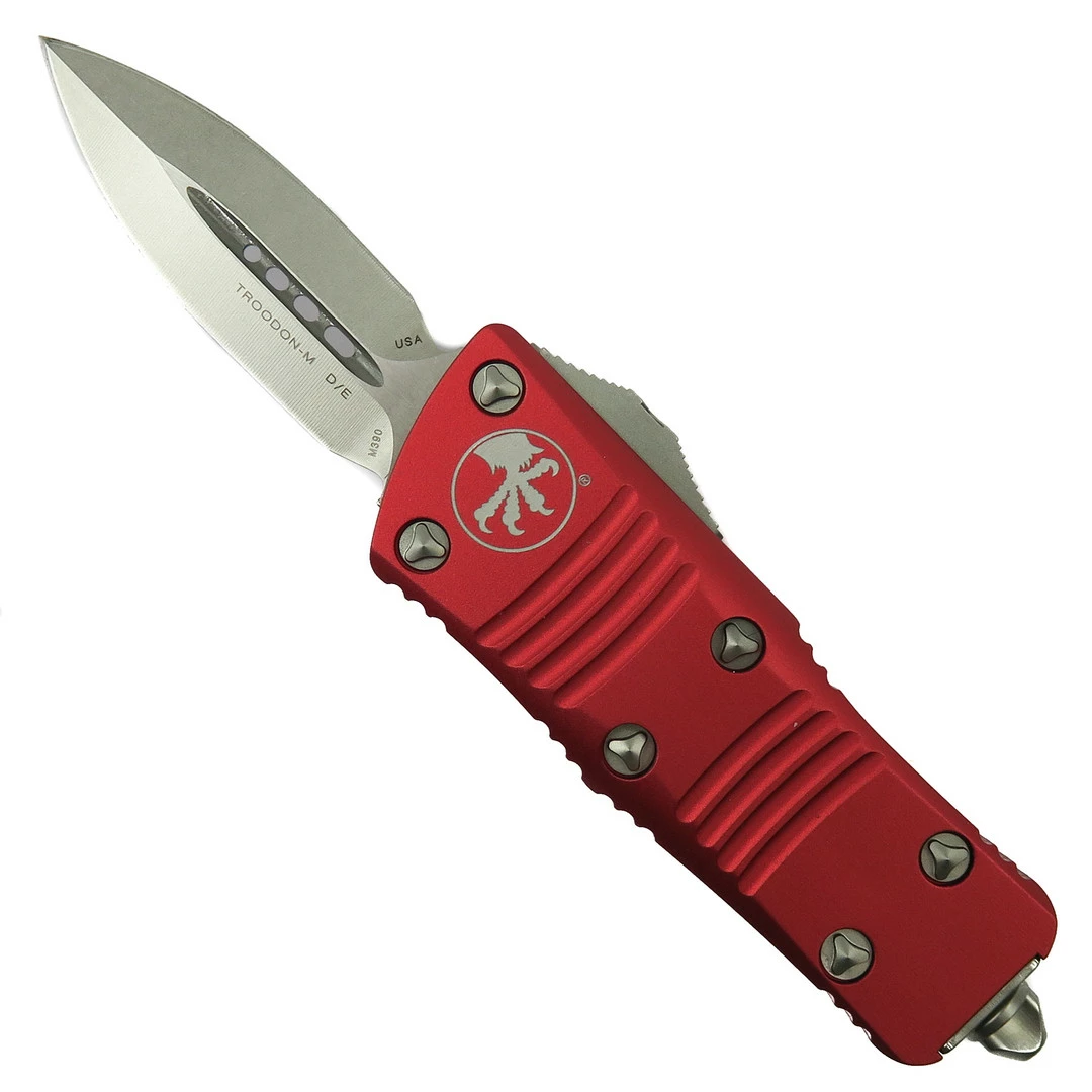 Microtech Red Mini Troodon CA Legal OTF Auto Knife, Dagger Stonewash Blade 1 Microtech Red Mini Troodon CA Legal OTF Auto Knife, Dagger Stonewash Blade