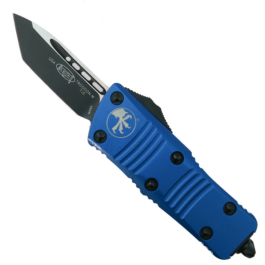 Microtech Blue Mini Troodon CA Legal OTF Auto Knife, Black Tanto Blade 1 Microtech Blue Mini Troodon CA Legal OTF Auto Knife, Black Tanto Blade