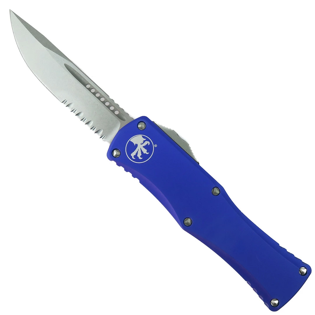 Microtech Purple Hera OTF Knife, Stonewash Part Serrated Blade 1 Microtech Purple Hera OTF Knife, Stonewash Part Serrated Blade