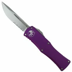 Microtech Violet Hera OTF Knife, Stonewash Part Serrated Blade