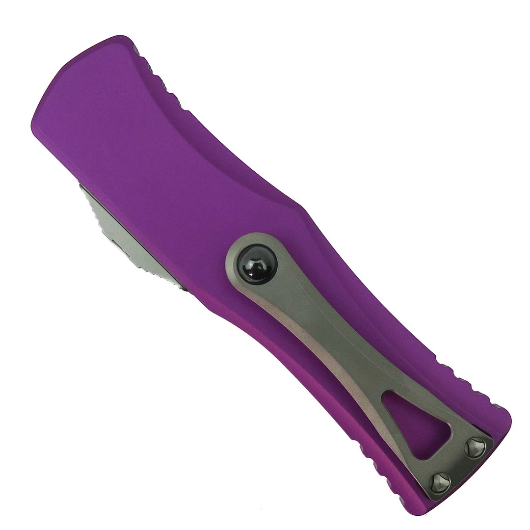 Microtech Violet Hera OTF Knife, Stonewash Part Serrated Blade - Image 2